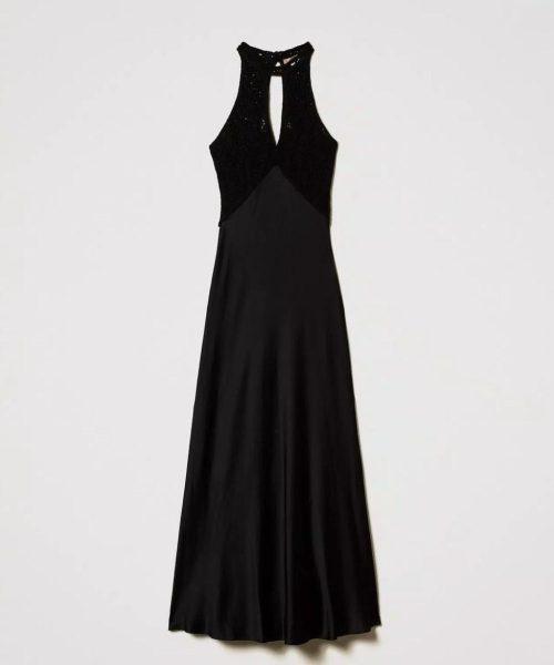 TWINSET Robe longue en satin avec corsage en crochet