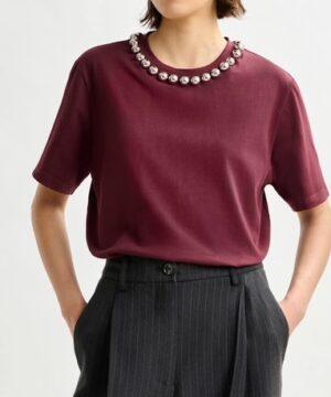 ESSENTIEL ANTWERP T-shirt en coton bordeaux à perles argentées
