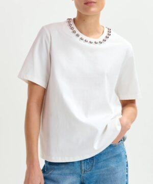 ESSENTIEL ANTWERP T-shirt en coton blanc à perles argentées