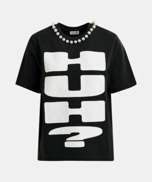 ESSENTIEL ANTWERP T-shirt oversize noir et blanc à imprimé "HUH ?" et perles