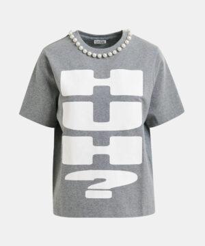 ESSENTIEL ANTWERP T-shirt rouge et blanc à imprimé "HUH ?" et perles