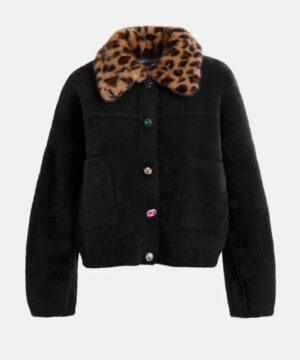 ESSENTIEL ANTWERP Cardigan noir avec col amovible en fausse fourrure léopard