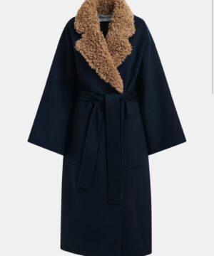 ESSENTIEL ANTWERP Manteau bleu marine et brun avec ceinture et col amovible en fausse fourrure