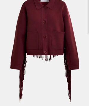 ESSENTIEL ANTWERP Veste courte en maille bordeaux à franges