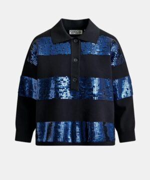 ESSENTIEL ANTWERP Polo à rayures et paillettes bleu marine et bleu