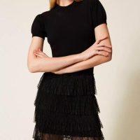 TWINSET Robe longue en maille et dentelle plumetis