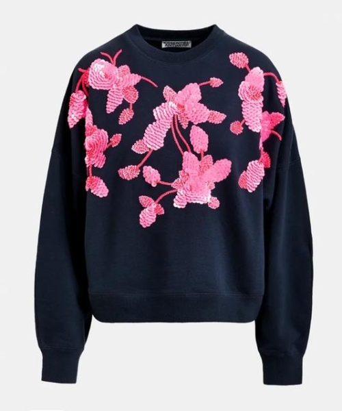 ESSENTIEL ANTWERPS weatshirt en coton bleu marine à broderie rose