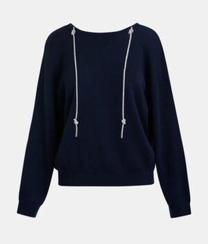 ESSENTIEL ANTWERP Pull à dos ouvert bleu marine avec corde en strass magasin rive gauche belfort