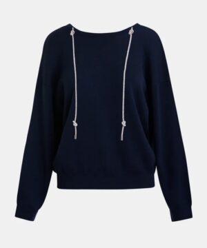 ESSENTIEL ANTWERP Pull à dos ouvert bleu marine avec corde en strass magasin rive gauche belfort