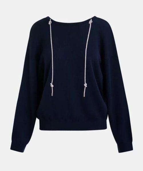 ESSENTIEL ANTWERP Pull à dos ouvert bleu marine avec corde en strass magasin rive gauche belfort