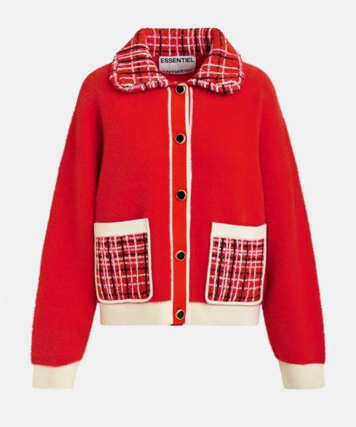 Cardigan texturé rouge et blanc cassé