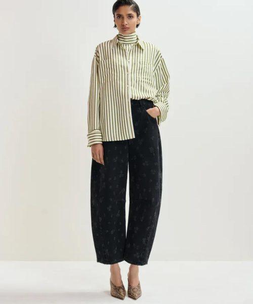 ESSENTIEL ANTWERP Chemise oversize à rayures blanc cassé et verte avec plastron en strass Boutique rive gauche Belfort