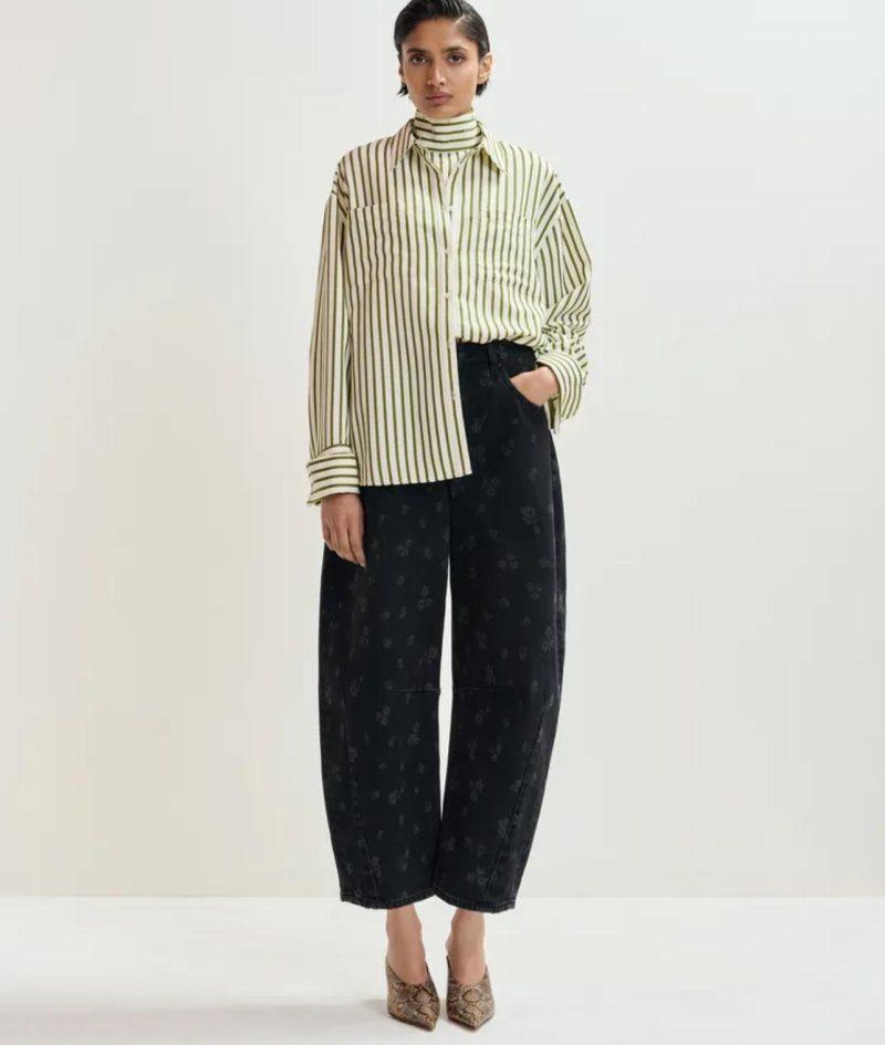 ESSENTIEL ANTWERP Chemise oversize à rayures blanc cassé et verte avec plastron en strass Boutique rive gauche Belfort