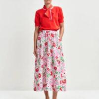 ESSENTIEL ANTWERP Jupe mi-longue en jacquard fleuri blanc cassé et multicolore boutique rive gauche Belfort