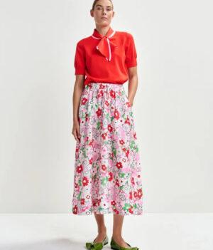 ESSENTIEL ANTWERP Jupe mi-longue en jacquard fleuri blanc cassé et multicolore boutique rive gauche Belfort