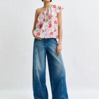 ESSENTIEL ANTWERP Top à une épaule et volants blanc cassé et multicolore Boutique rive gauche Belfort