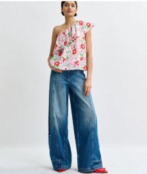 ESSENTIEL ANTWERP Top à une épaule et volants blanc cassé et multicolore Boutique rive gauche Belfort