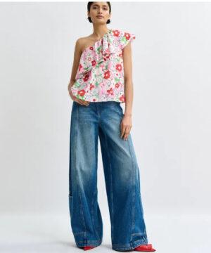 ESSENTIEL ANTWERP Top à une épaule et volants blanc cassé et multicolore Boutique rive gauche Belfort