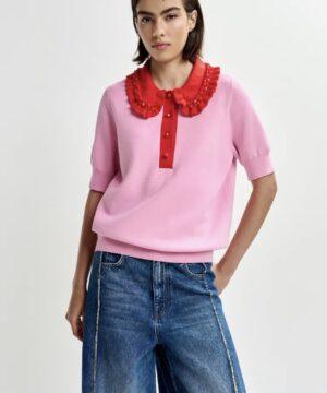 Essentiel Antwerp polo en maille fine avec perles et volants rose et rouge