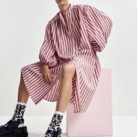ESSENTIEL ANTWERP Robe longue rose et brune à rayures, col mandarin et strass Boutique rive gauche Belfort
