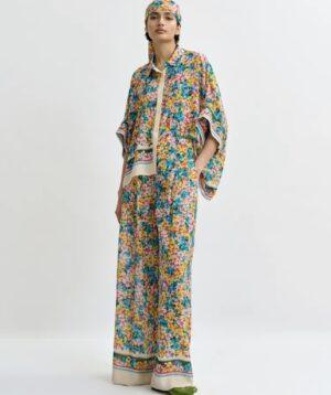 ESSENTIEL ANTWERP Pantalon large en soie mélangée à imprimé fleuri violet, rouge et multicolore Boutique rive gauche Belfort