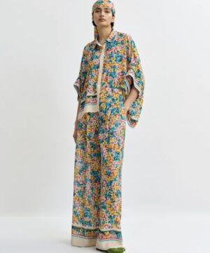 ESSENTIEL ANTWERP Pantalon large en soie mélangée à imprimé fleuri violet, rouge et multicolore Boutique rive gauche Belfort