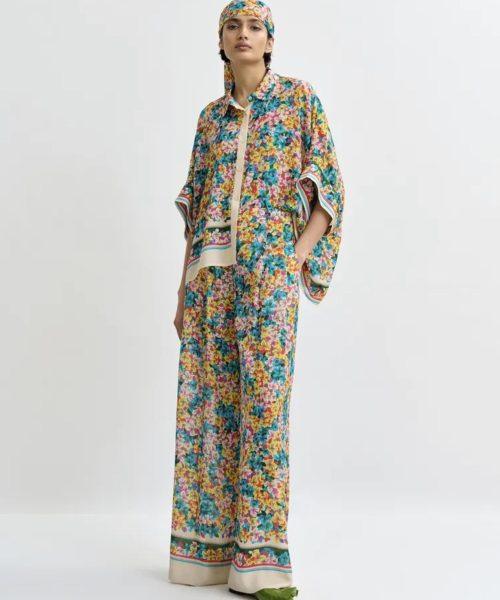 ESSENTIEL ANTWERP Pantalon large en soie mélangée à imprimé fleuri violet, rouge et multicolore Boutique rive gauche Belfort