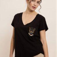 FIVE JEANS Tee-shirt à col V à perles brodées Boutique rive gauche Belfort