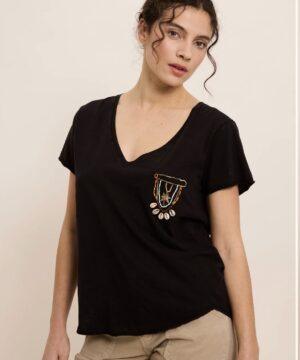 FIVE JEANS Tee-shirt à col V à perles brodées Boutique rive gauche Belfort