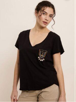 FIVE JEANS Tee-shirt à col V à perles brodées Boutique rive gauche Belfort