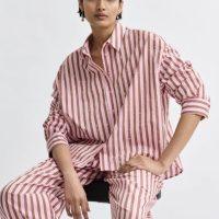 Chemise en coton mélangé à rayures et strass brune et rose