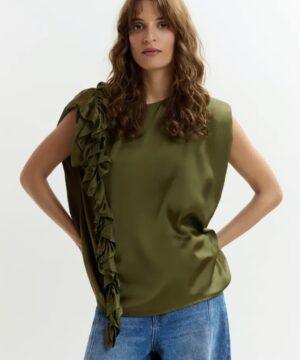 ESSENTIEL ANTWERP Top sans manches à volant kaki