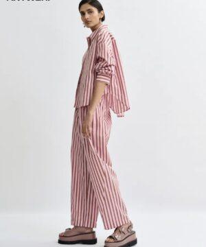 ESSENTIEL ANTWERP Pantalon fuselé rose et brun à rayures et strass