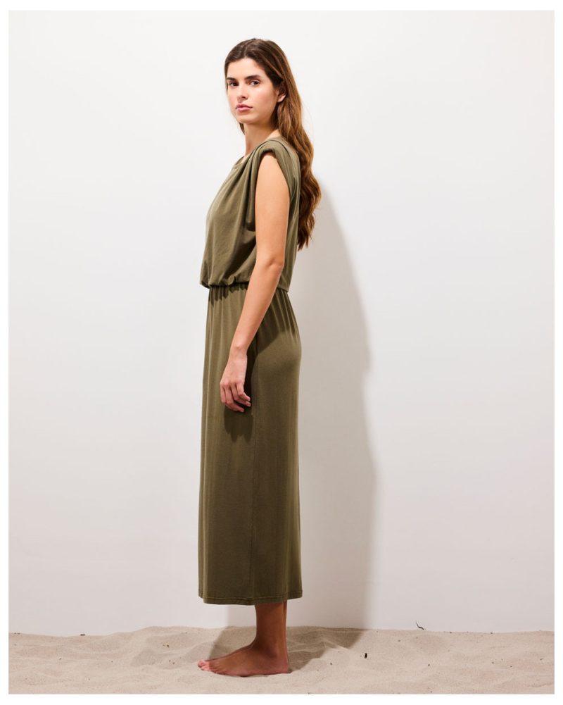 APPLE • Robe longue dos nu sans manches kaki face