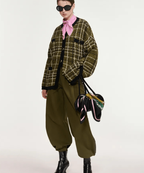 Cardigan à carreaux kaki et blanc cassé