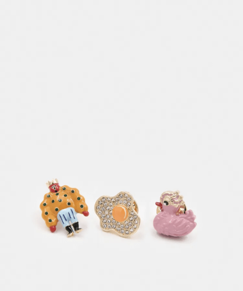 Trio de pin's en émail et strass roses, jaunes et rouges
