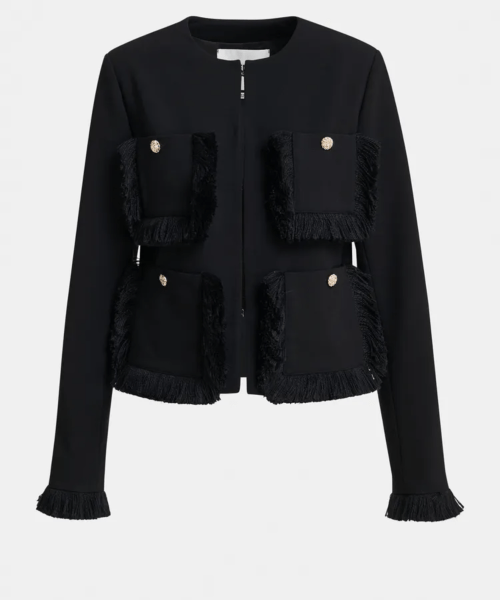 Veste noire ajustée à détails frangés et poches plaquées