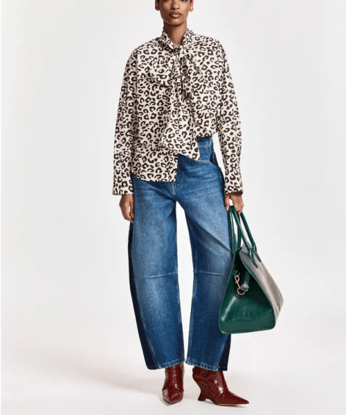 Chemise lavallière à imprimé léopard marron et crème
